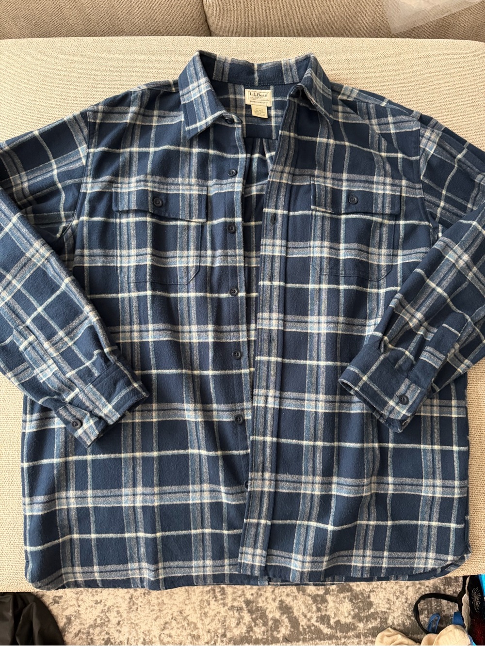 L.L. Bean Navy and White Plaid Button-Down Flannel Shirt